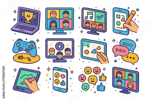 Colorful Online Activities Icons. Colorful isometric vector icons set of online group activities: virtual game night, group video call, shared playlist