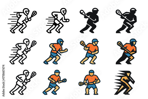 Dynamic Lacrosse Logo Grid. Set Logo of Fast-Paced Sports: lacrosse shot in motion. Logo set in vector style, emblematic variations. line, bold thick line,