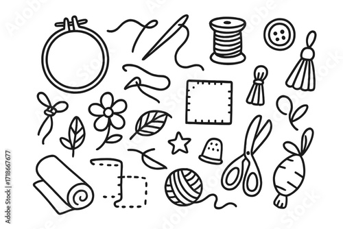 Embroidery Icons Doodle. Hand-drawn doodle illustration Hand embroidery [embroidery hoop, needle, thread, spool, button, tassel, knot, patch, flower, leaf,
