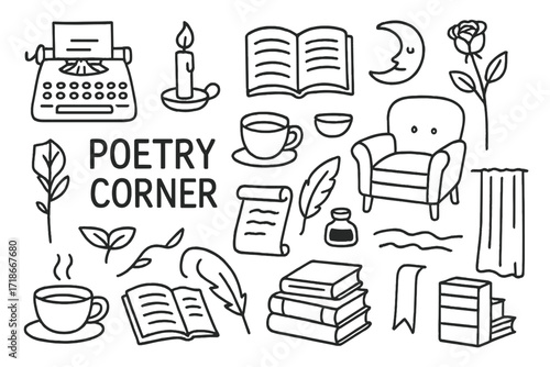 Poetry Corner Icons. Hand-drawn doodle illustration Poetry corner typewriter, candle, coffee cup, open book, rose, moon, feather pen, ink bottle, poetry lines,