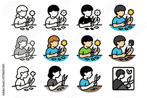 Colorful Tissue Flower Logos. Set Logo of Kids Making Tissue Paper Flowers: Scissors and paper scraps on table. Logo set in vector style, emblematic