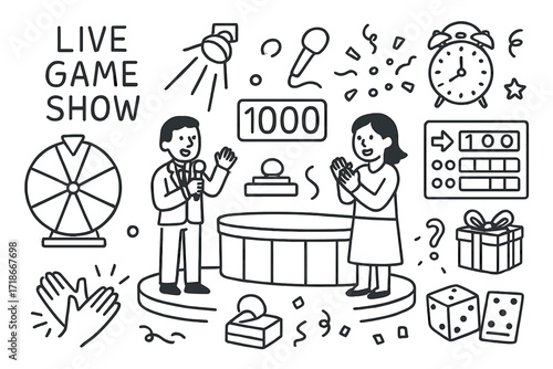 Game Show Doodle. Hand-drawn doodle illustration Live game show [game wheel, buzzer, points board, dice, timer, light beam, host mic, clapping icon, stage,