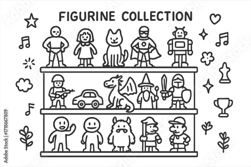 Diverse Figurine Collection. Figurine collection. Hand-drawn doodle illustration figurine collection display shelf, action figure, doll, animal figurine,