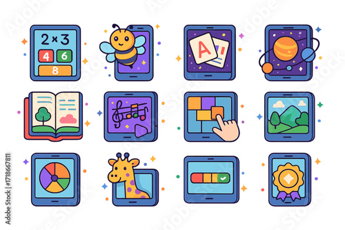 Educational App Icons. Colorful isometric vector icons set of educational mobile apps: tablet with math quiz, spelling bee app, language flashcards, astronomy