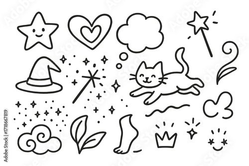 Whimsical Doodle Icons. Hand-drawn doodle illustration Whimsical Vibes floating star, swirl heart, dream bubble, magic wand, floppy hat, doodle wings, fairy
