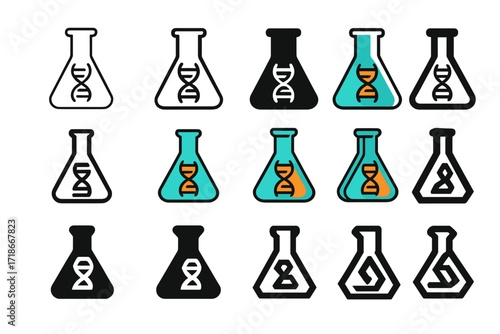Flask Logo Grid. Set Logo of Flasks: Scientific flask with DNA icon inside. Logo set in vector style, emblematic variations. line, bold thick line, solid black