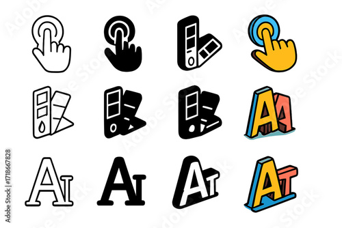 UI_UX Icon Set. Icon Set of UI/UX Development: Touch gesture, Color picker, Typography scale. Icons set in vector style,