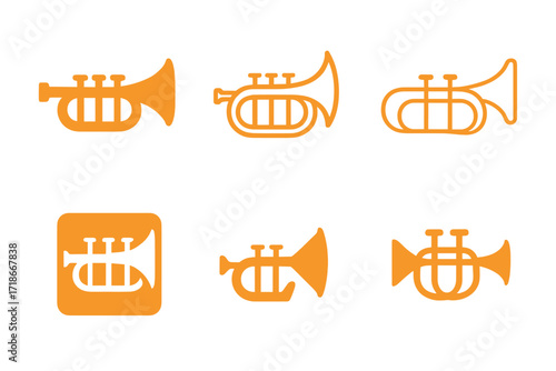 Trumpet Logo Variations. Music. Set Logo of Music: Trumpet. harmonious logo variations of the same emblematic concept, each with different artistic