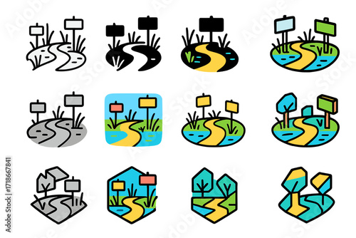 Wetland Trail Logos. Set Logo of Wetland Trail: Pathway with educational signs. Logo set in vector style, emblematic variations. line, bold thick line, solid