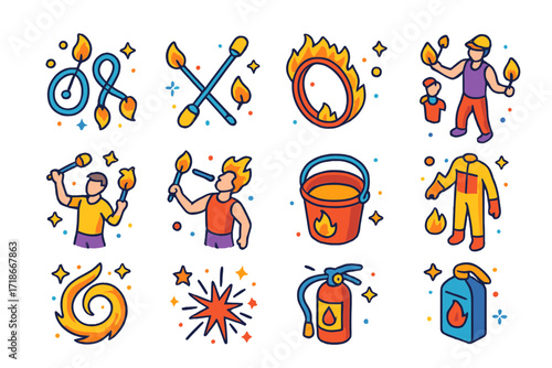 Fire Performance Icons. Colorful isometric vector icons set of fire performance: fire poi, flame baton, fire ring, performer with flames, torch juggling,