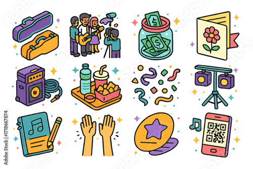 Post-Wedding Band Icons. Colorful isometric vector icons set of post-wedding band celebration: instrument cases, band group photo,