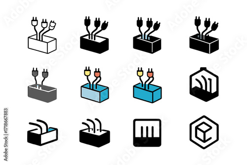 Organized Cable Logo. Set Logo of Arranging office cables neatly: Cable management box. Logo set in vector style, emblematic variations. line, bold thick line,