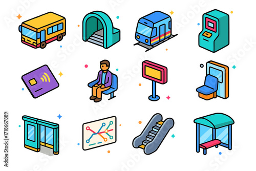 Public Transportation Icons. Colorful isometric vector icons set of Taking public transportation: city bus, subway entrance, metro train, ticket machine,