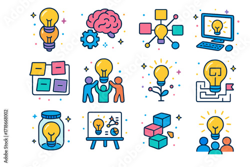 Innovation Icons Grid. Colorful isometric vector icons set of innovation through teamwork: stacked idea bulbs, gear and brain,