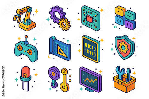 STEM Learning Icons. Colorful isometric vector icons set of STEM learning activities: robot arm kit, gear model, circuit board, coding blocks, drone