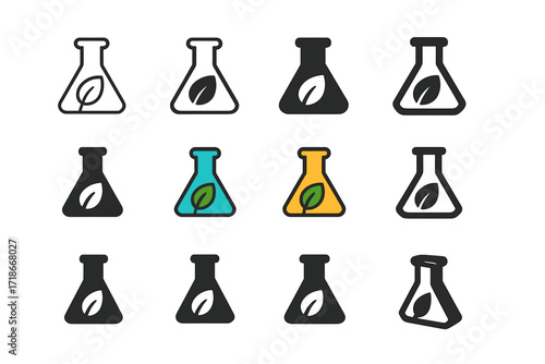 Eco Flask Logos. Set Logo of Flasks: Flask with leaf icon (eco lab). Logo set in vector style, emblematic variations. line, bold thick line, solid black