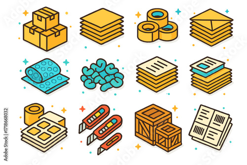 Colorful Packaging Icons. Colorful isometric vector icons set of piled up cardboard and packaging: box stacks, flattened boxes, tape rolls pile, bubble wrap