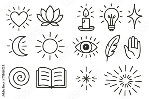 Symbolic Illumination Doodles. Hand-drawn doodle illustration inner illumination heart, lotus, candle, flame, light bulb, star, moon, sun, eye, feather, open