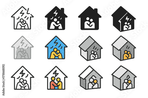 Family Support Logo. Set Logo of Supporting each other in family crises: House with light inside during storm. Logo set in vector style, emblematic variations.