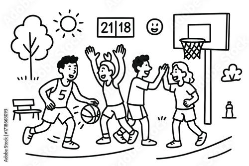 Outdoor Basketball Fun. Hand-drawn doodle illustration A group of friends playing a game of basketball outdoors, having fun basketball, hoop, backboard,