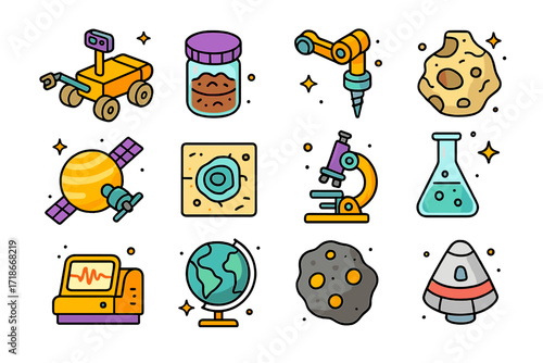 Planetary Science Icons. Planetary science. Colorful isometric vector icons set of planetary science: Mars rover, soil sample jar, drill arm, rock specimen,
