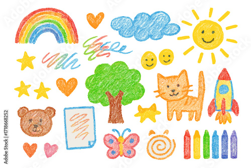 Children's Crayon Doodle Art. Colorful Hand-drawn doodle Children illustration Soft textured rugs wavy lines, cloud puffs, sleepy faces, stars, towel texture,