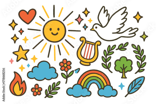 Divine Doodle Art. Divine light. Colorful Hand-drawn doodle Children illustration shining sun, rays, sparkle, heart, star, cloud, dove, harp, laurel wreath,