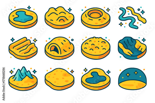 Lunar Surface Icons. Colorful isometric vector icons set of Moon surface features: maria plains, highlands, impact craters, rilles