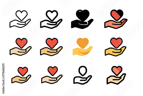 Women's Empowerment Logos. Set Logo of women's empowerment: open hand with heart. Logo set in vector style, emblematic variations.