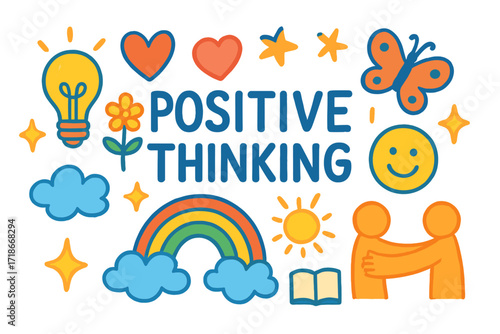 Positive Thinking Icons. Positive Thinking. Colorful Hand-drawn doodle Children illustration Positive Thinking lightbulb, heart, smiling face, rainbow, flower,