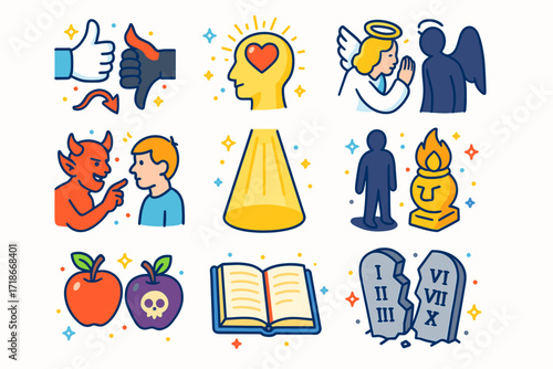 Moral Symbols Icons. Colorful isometric vector icons set of moral symbols: good vs evil hands, glowing conscience, angel whispering, demon tempting, light
