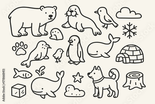 Arctic Wildlife Doodle. Hand-drawn doodle illustration Arctic wildlife [polar bear, walrus, seal, penguin, whale, fish, bird, paw print, igloo, sled dog,