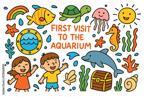 Underwater Adventure Doodle. Colorful Hand-drawn doodle Children illustration First Visit to the Aquarium [fish, dolphin, turtle,