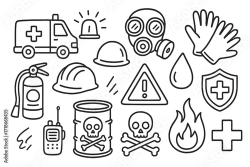 Emergency Icons Doodle. Hand-drawn doodle illustration Emergency hazardous response [ambulance, siren, gas mask, gloves, extinguisher, helmet, droplet, barrel,