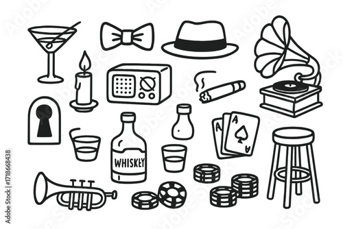 Speakeasy Icon Doodles. Speakeasy atmosphere. Hand-drawn doodle illustration speakeasy atmosphere cocktail glass, bow tie, fedora hat, cigar, old radio,