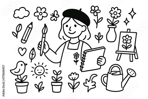 Garden Inspired Doodles. Hand-drawn doodle illustration Artist inspired by garden [sketchbook, pencil, flower, vase, butterfly, leaf, heart, sparkle, pot,