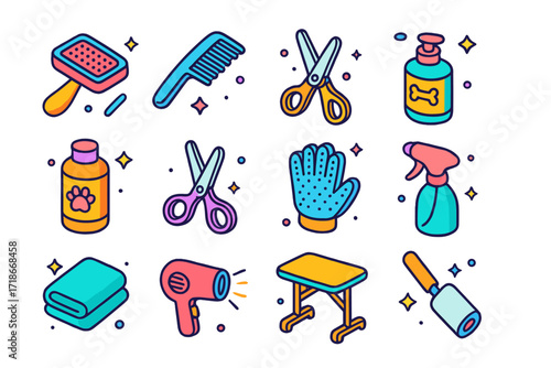 Colorful Pet Grooming Icons. Pet Grooming Kit. Colorful isometric vector icons set of Pet Grooming Kit: grooming brush, comb, nail clippers, shampoo bottle,
