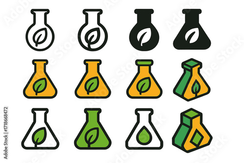 Eco Flask Logos. Set Logo of Flasks: Flask with leaf icon (eco lab). Logo set in vector style, emblematic variations. line, bold thick line, solid black