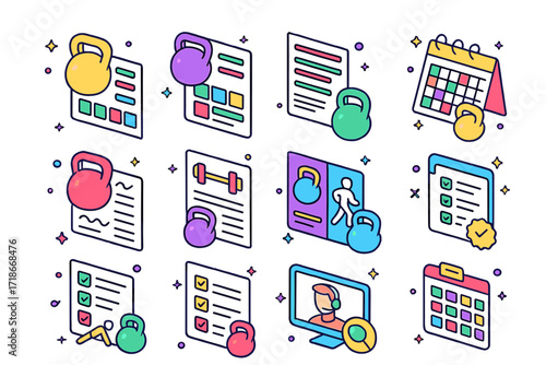 Colorful Kettlebell Icons. Colorful isometric vector icons set of kettlebell training programs: beginner plan chart, HIIT circuit sheet, strength-building log,