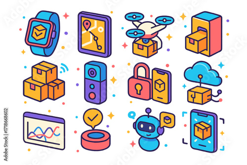 Smart Delivery Icons Set. Colorful isometric vector icons set of smart delivery technology: delivery status on smartwatch, AI routing screen, drone with