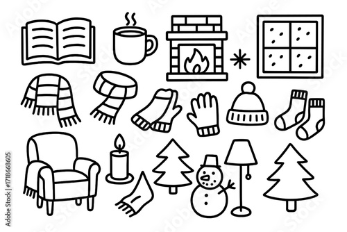 Winter Reading Nook. Hand-drawn doodle illustration Winter reading nook open book, hot chocolate, fireplace, socks, snowflake, scarf, gloves, chair, blanket,