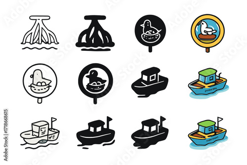 Wetlands Protection Icons. Icon Set of Wetlands Protection: Mangrove roots, Bird nesting zone, Wetland ranger boat. Icons set in vector style, emblematic
