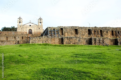 Pre-Columbian Inca ruins at Vilcas Huaman Archaeological Complex in Ayacucho, Peru.
