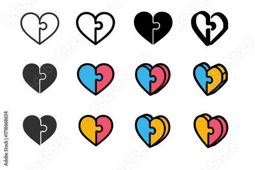 Puzzle Heart Logo. Set Logo of Shared Purpose: Puzzle Heart Halves. Logo set in vector style, emblematic variations. line, bold thick line, solid black filled,