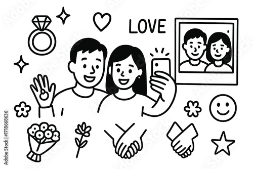 Engaged Couple Selfie. Hand-drawn doodle illustration engaged couple selfie phone icon, smiling couple, engagement ring, heart, selfie arm, sparkle, love text,
