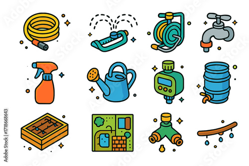 Garden Irrigation Icon Set. Colorful isometric vector icons set of residential garden irrigation: garden hose, oscillating sprinkler, hose reel, garden tap,