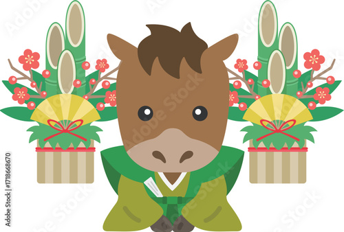 着物を着て、新年の挨拶をする、馬のキャラクターのイラスト｜午年素材
