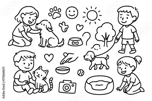 Children and Pets Doodles. Hand-drawn doodle illustration Candid shots of children interacting with pets child, dog, cat, ball, leash, food bowl, paw print,