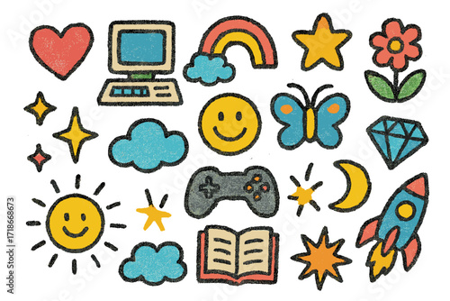 Playful Doodle Collage. Colorful Hand-drawn doodle Children illustration Noisy Pixel Texture [pixel heart, computer, rainbow, star, flower, sun, cloud, spark,