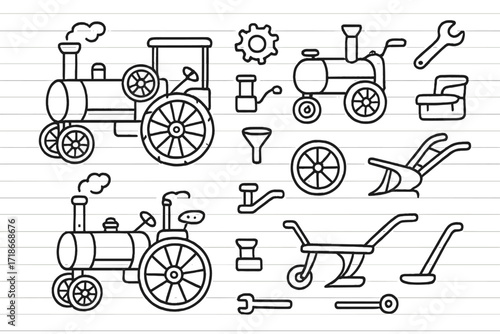 Steam Tractor Doodle. Hand-drawn doodle illustration Steam tractors and plows [tractor, gear, wheel, smokestack, plow, steam engine, water tank, lever, pipe,